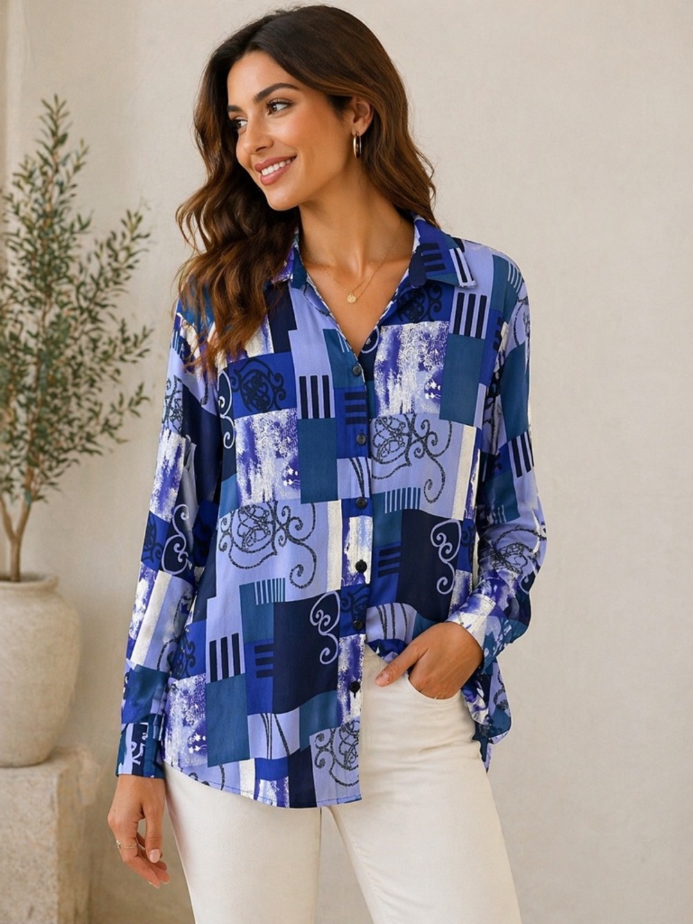 Blue Printed Button-Front Women’s Blouse